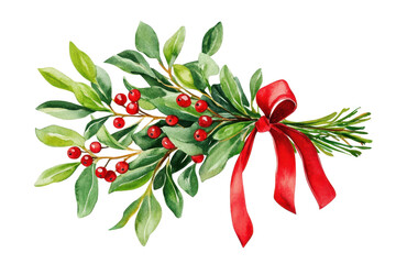 Beautiful watercolor mistletoe bouquet featuring green leaves and red berries, perfect for holiday decorations and celebrations