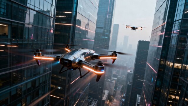 Skies whisper neon tales as drones weave through a glowing metropolis - Powered by Adobe