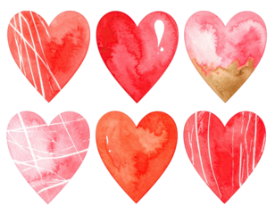 Six watercolor hearts, red hues, varied textures, white lines, gold accents, black outlines