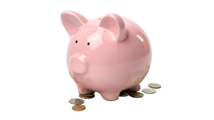 pink piggy bank filled with savings on a white background