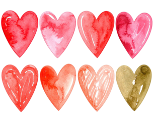 Eight watercolor hearts in varying shades of red, arranged in two rows, on a black background