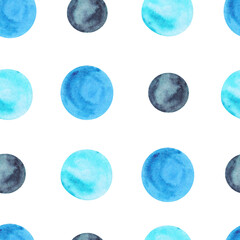 Watercolor illustration of polka dots. Seamless pattern in blue shades.