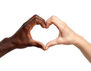 A heart shape formed by hands, one dark-skinned, the other light-skinned, on a black background
