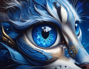 A close-up on an ornate blue eye, surrounded by feathered fur and starlight details
