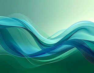 Abstract wavy lines cascade in shades of teal, green, and blue on gradient background