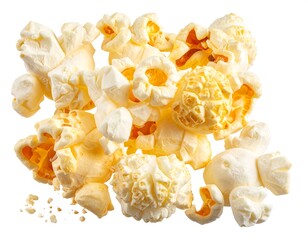 A close-up overhead shot of a heap of popped corn kernels isolated on a white background
