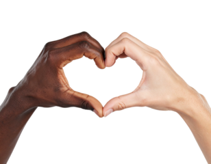 Two hands, one light and one dark, form a heart shape against a black background