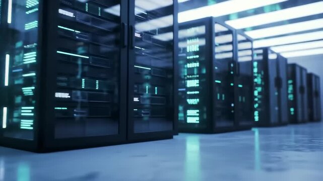 Futuristic server room with glowing blue lights and data streams representing technology and digital information - Powered by Adobe