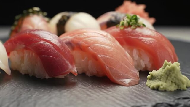 Delicious Sushi Nigiri Assortment - A Culinary Journey Through Japanese Flavors.