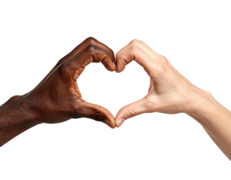 A heart shape formed by hands, one dark-skinned, the other light-skinned, on a black background
