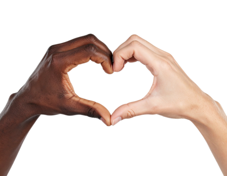 Two hands, one light and one dark, form a heart shape against a black background