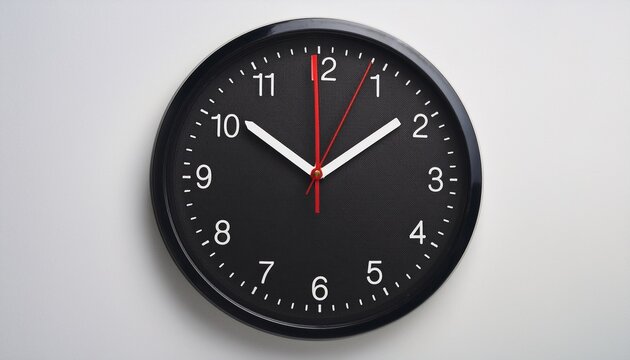 simple black wall clock with red second hand on white background