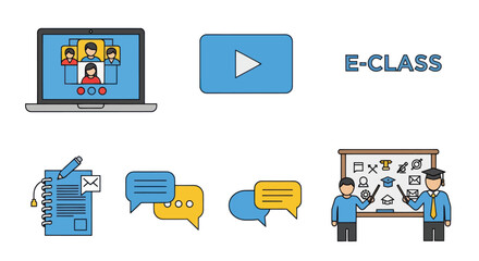 E-Class Elements: Laptop Video Chat Bubbles Fax Machine and Teacher with Blackboard.