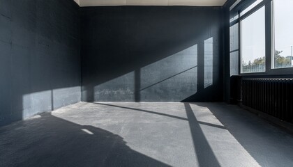 natural light casts a shadow in an empty room with a concrete floor and dark walls during the afternoon