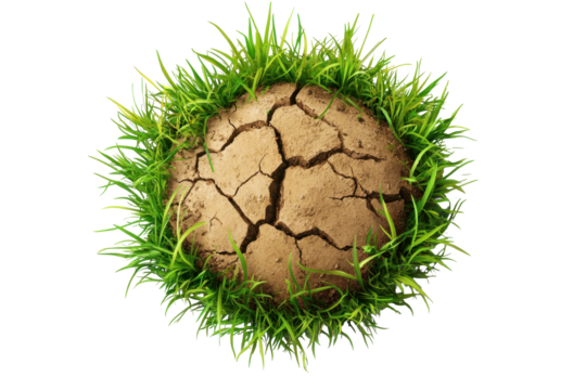 Cracked earth patch blends beautifully with surrounding lush green grass in a stunning contrast of drought and growth