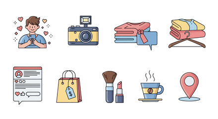 Collection of colorful lifestyle icons: person camera clothes social media shopping bag makeup coffee location pin.
