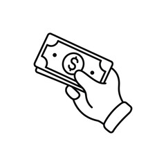 Hand holding stack of dollar bills icon line drawing on white background money cash