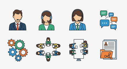 Business Icons: Customer Service Teamwork Communication and Document Management.