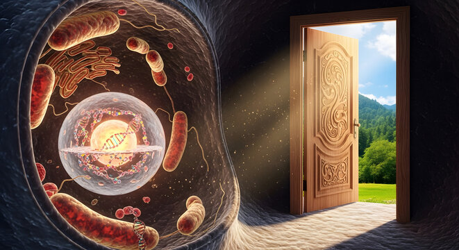 Surreal illustration of a biological cell with an open door revealing a bright, natural world.