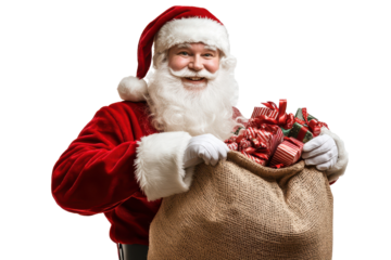 Jolly Santa Claus with a sack full of colorful gifts preparing for Christmas celebrations in a festive setting