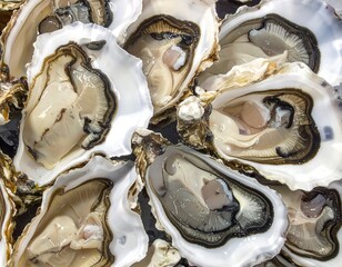 A close-up overhead view of several freshly opened oysters, gleaming and glistening