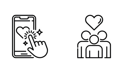 Outline icons of a hand touching a heart on a phone and a group of people with a heart finger