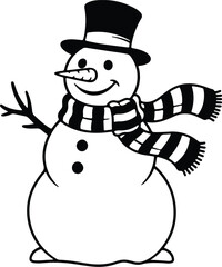 Vector smiling snowman with scarf and hat in black and white silhouette illustration