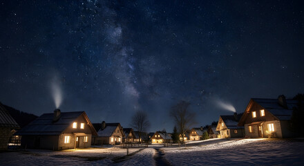 A serene winter village under a starry night sky with smoke rising from chimneys.
