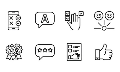 Set of eight black and white icons related to feedback, surveys, and customer satisfaction review rating