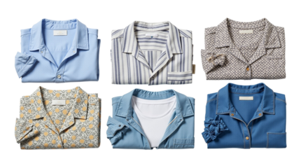 Arrangement of assorted folded pajamas showcasing diverse patterns and hues