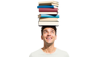 Smiling young man balancing books atop his head against white background