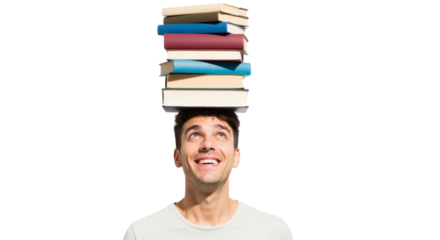 Smiling young man balancing books atop his head against white background