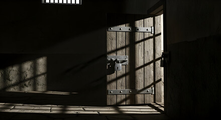 Open wooden door in a dark room with light shining through bars.