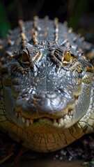 A close-up portrait of a crocodilian, showing scales, skin texture, and sharp teeth