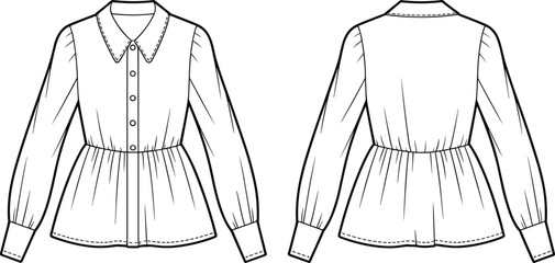 Women peplum blouse fashion flat sketch, long sleeve shirt design template, button front top, technical drawing, apparel vector, garment illustration