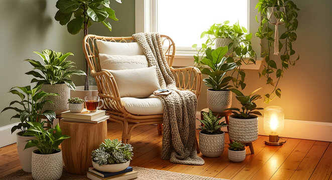 Bright indoor space with a wicker chair and many potted plants.