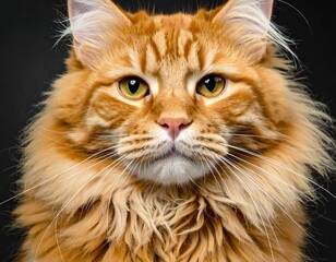 A close-up portrait of a fluffy orange cat with bright yellow eyes against a dark backdrop