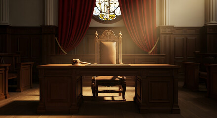 Empty traditional courtroom with a judge's bench, gavel, and ornate chair bathed in a dramatic beam of light from a stained-glass window.
