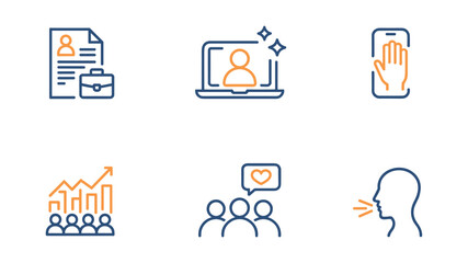 Six icons representing job application, online profile, hand gesture, business growth, community support, and speaking