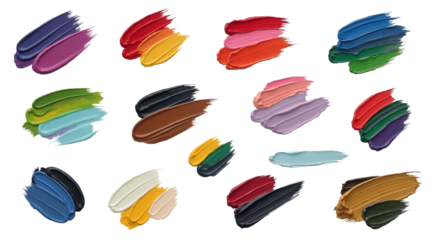 Assorted paint strokes isolated exhibiting a vibrant spectrum of colors on white