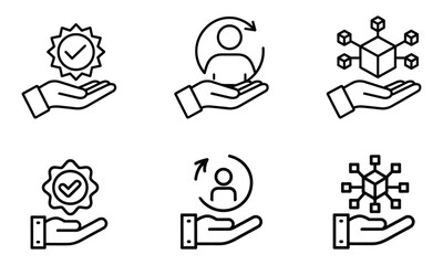 Six line icons showing hands holding checkmark, person with arrow, and network cube vector illustration