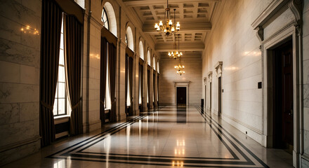 Hallway with marble floors and arched windows with curtains.