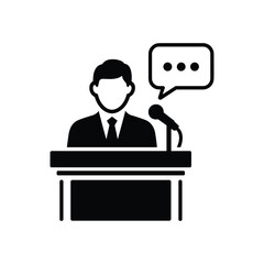 Speaker at podium with microphone and speech bubble icon black silhouette talk
