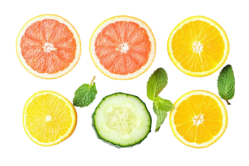 Freshly sliced grapefruit, lemon, orange, and cucumber arranged beautifully with mint leaves for a refreshing summer snack