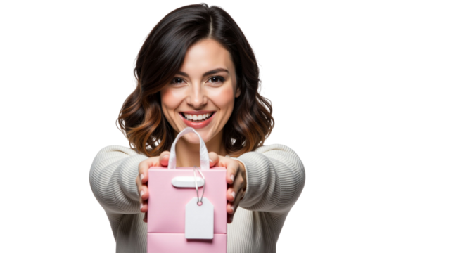 Cheerful young woman presenting a pink gift bag with gentle smile