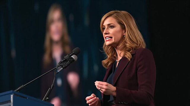 Passionate professional woman delivering a compelling speech at a conference, gesturing dynamically while addressing an audience