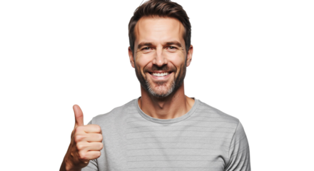 Confident man gives thumbs up gesture on white background conveys approval