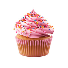 Vibrant Cupcake with Swirl of Pink Frosting and Colorful Sprinkles Isolated