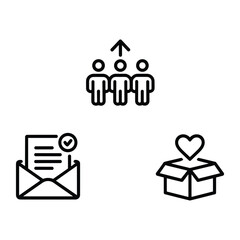 Three line art icons showing team progress, confirmed message, and a gift box with a heart business teamwork