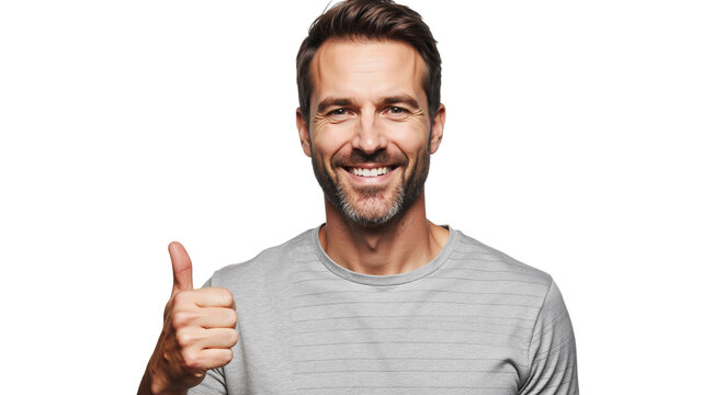 Confident man gives thumbs up gesture on white background conveys approval